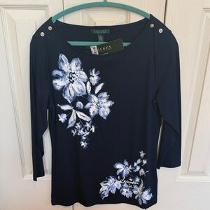 Lauren - Ralph Lauren Navy Floral Women's 3/4 length sleeve t-shirt NWT’s XL